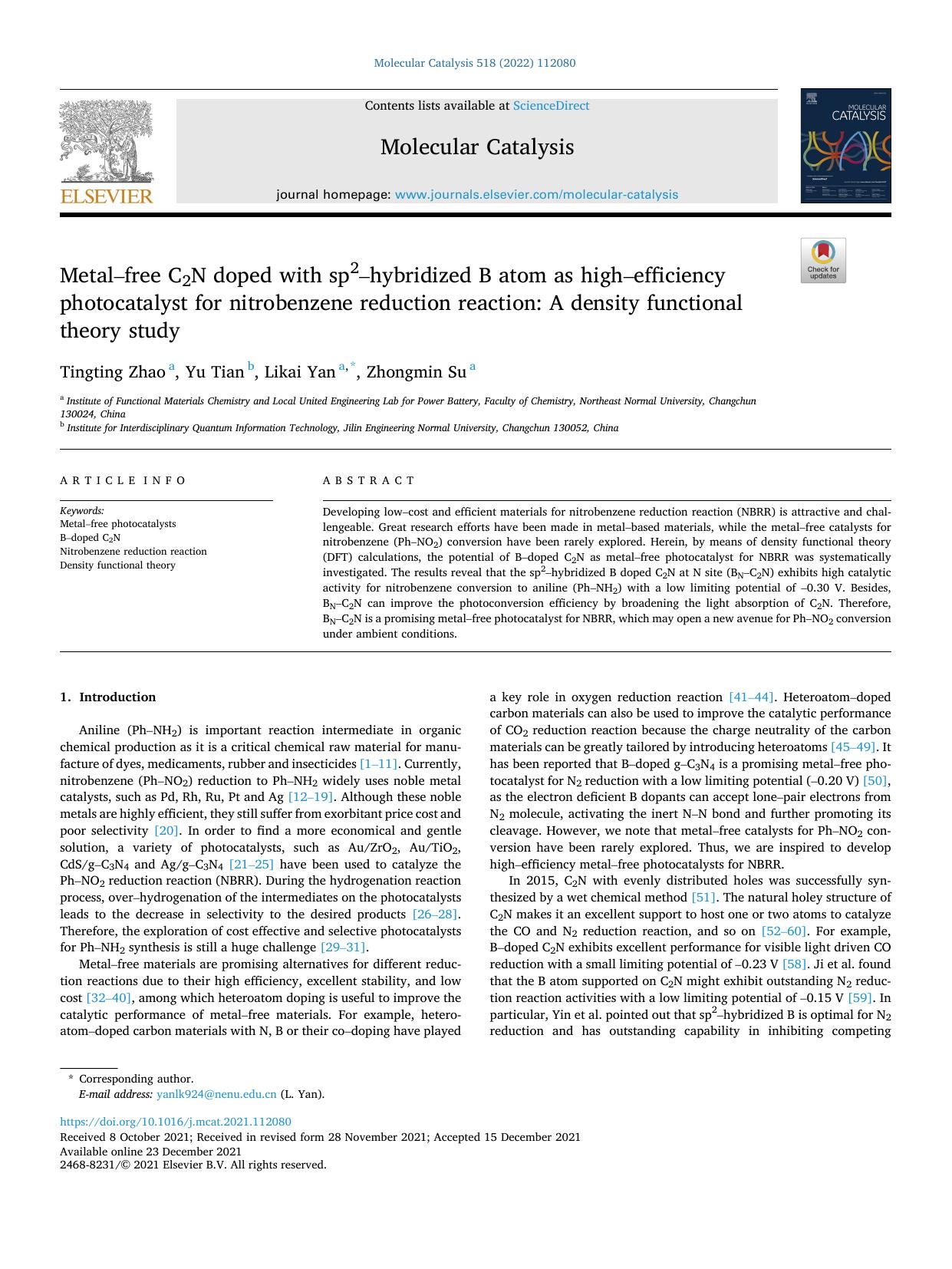 Metalâfree C2N doped with sp2âhybridized B atom as highâefficiency photocatalyst for nitrobenzene reduction reaction: A density functional theory study by Tingting Zhao & Yu Tian & Likai Yan & Zhongmin Su