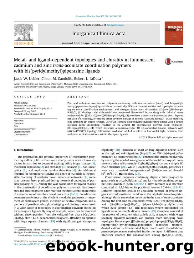 Metal- and ligand-dependent topologies and chirality in luminescent cadmium and zinc trans-aconitate coordination polymers with bis(pyridylmethyl)piperazine ligands by Jacob W. Uebler & Chaun M. Gandolfo & Robert L. LaDuca
