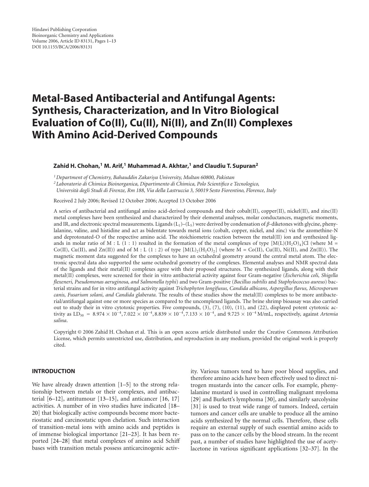 Metal-Based Antibacterial and Antifungal Agents: Synthesis, Characterization, and In Vitro Biological Evaluation of Co(II), Cu(II), Ni(II), and Zn(II) Complexes With Amino Acid-Derived Compounds by Zahid H. Chohan {et al}