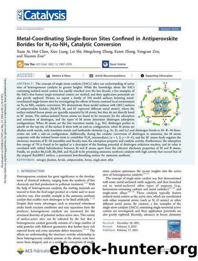 Metal-Coordinating Single-Boron Sites Confined in Antiperovskite Borides for N2-to-NH3 Catalytic Conversion by Xuan Ai Hui Chen Xiao Liang Lei Shi Mingcheng Zhang Kexin Zhang Yongcun Zou & Xiaoxin Zou