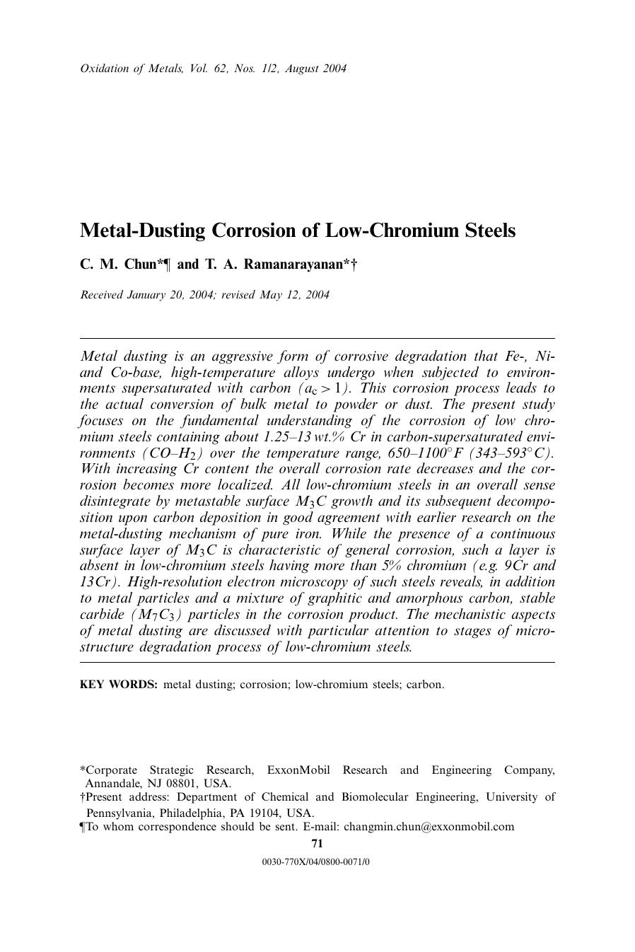Metal-Dusting Corrosion of Low-Chromium Steels by Unknown