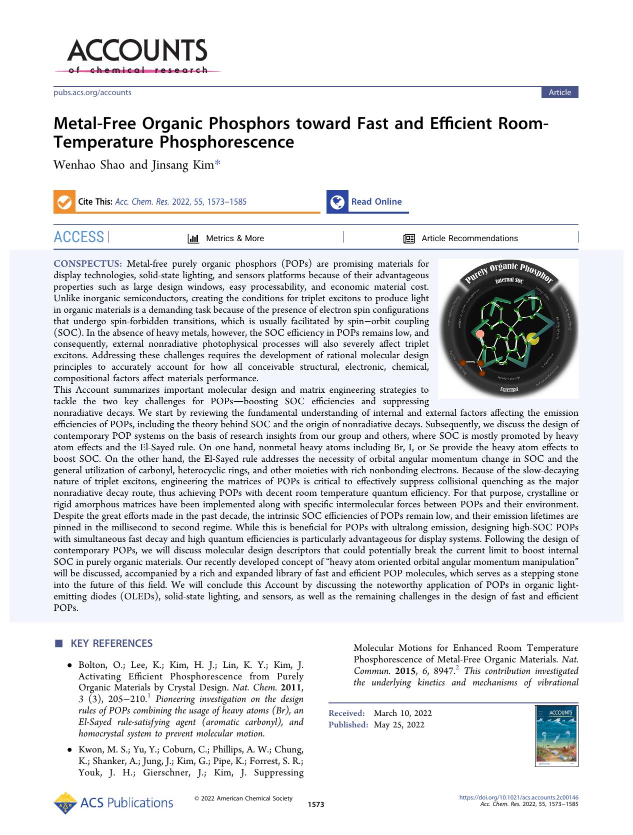 Metal-Free Organic Phosphors toward Fast and Efficient Room-Temperature Phosphorescence by Wenhao Shao and Jinsang Kim