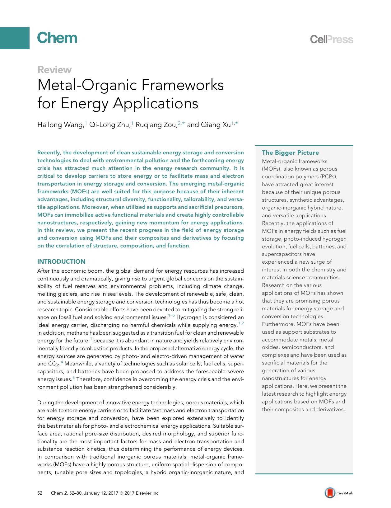 Metal-Organic Frameworks for Energy Applications by Hailong Wang & Qi-Long Zhu & Ruqiang Zou & Qiang Xu