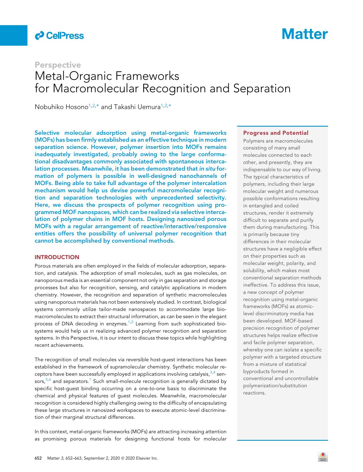 Metal-Organic Frameworks for Macromolecular Recognition and Separation by Nobuhiko Hosono & Takashi Uemura