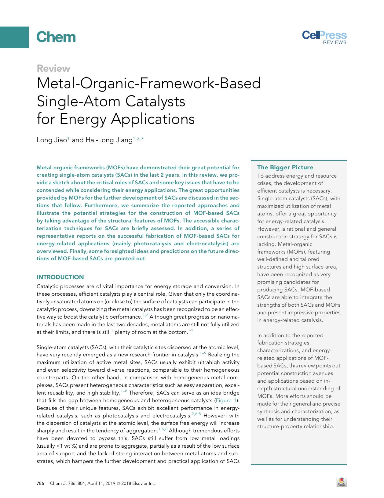 Metal-Organic-Framework-Based Single-Atom Catalysts for Energy Applications by Long Jiao & Hai-Long Jiang