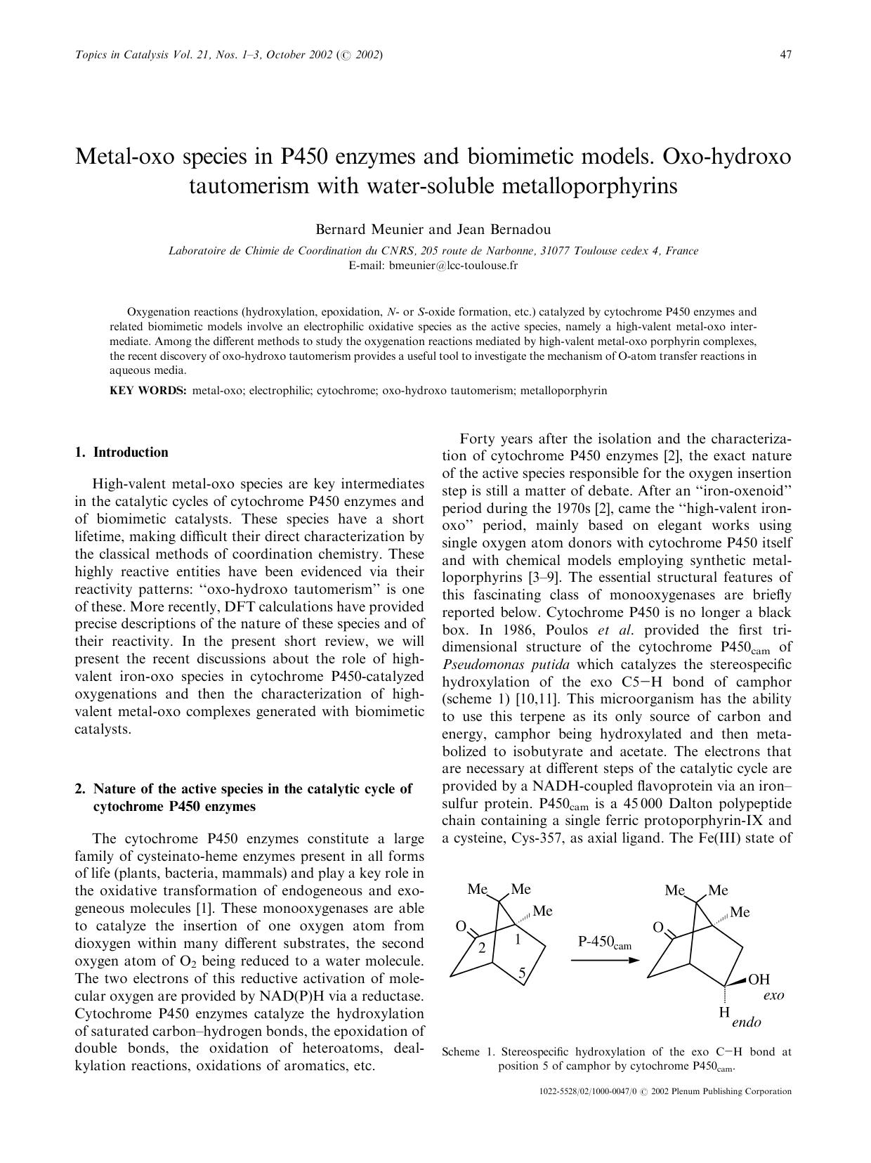 Metal-Oxo Species in P450 Enzymes and Biomimetic Models. Oxo-Hydroxo Tautomerism with Water-Soluble Metalloporphyrins by Unknown