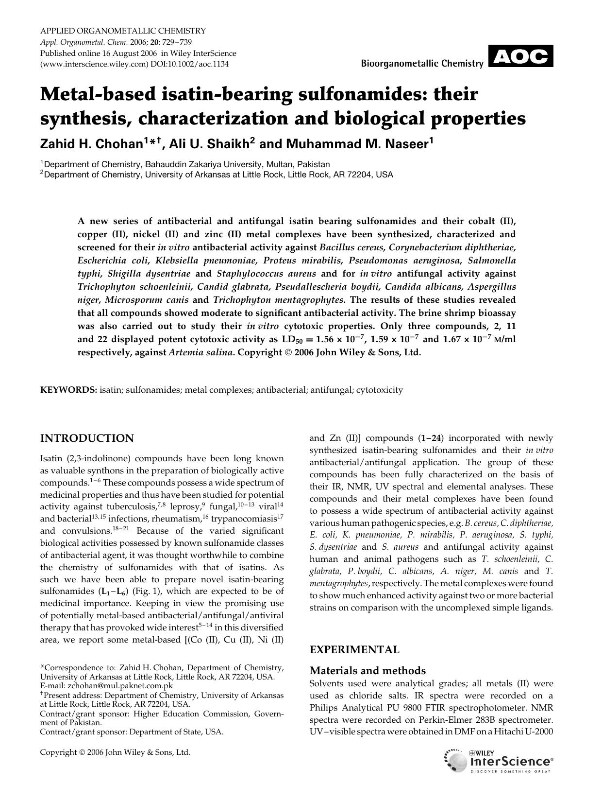 Metal-based isatin-bearing sulfonamides: their synthesis, characterization and biological properties by Unknown