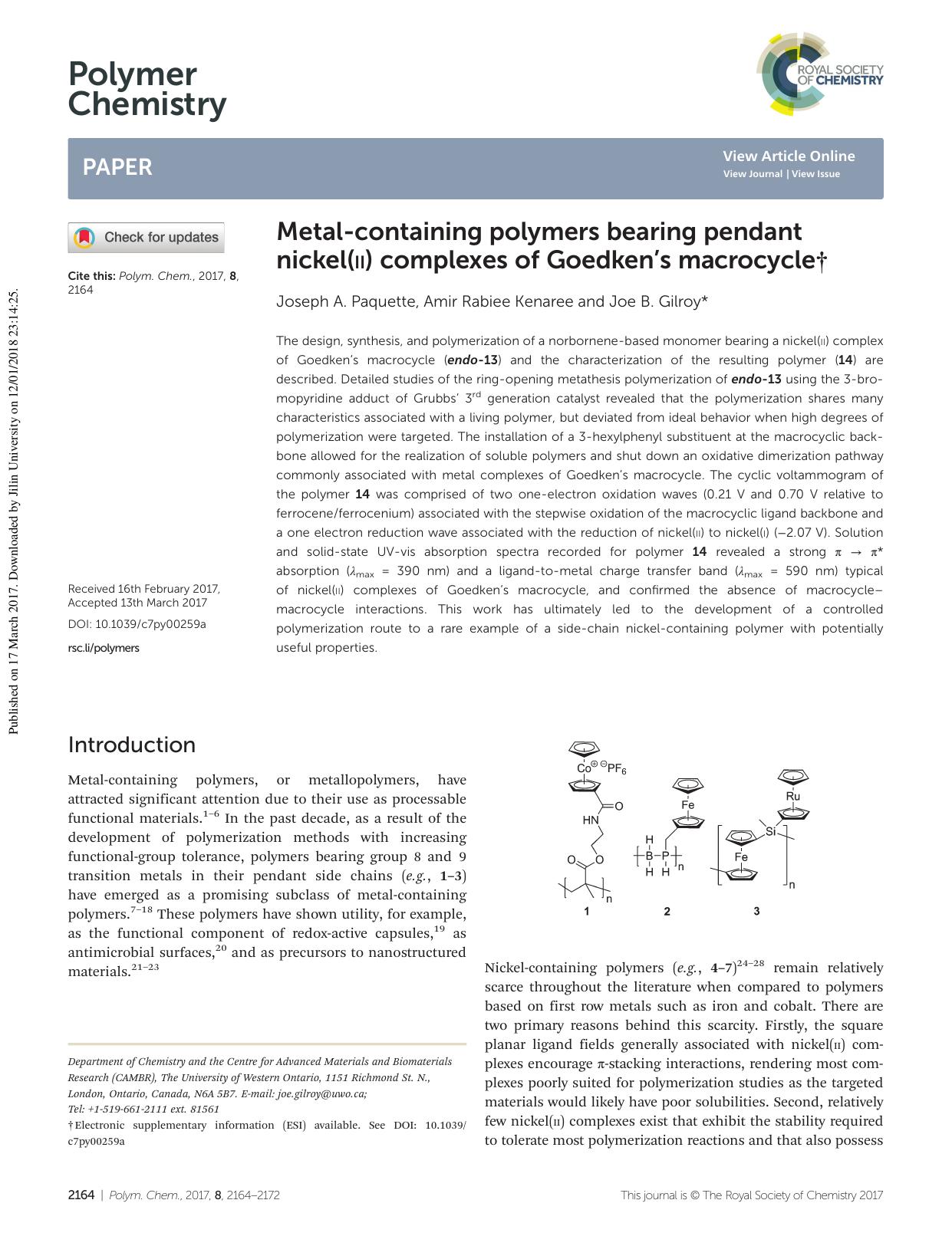 Metal-containing polymers bearing pendant nickel(II) complexes of Goedken's macrocycle by Joseph A. Paquette Amir Rabiee Kenaree Joe B. Gilroy