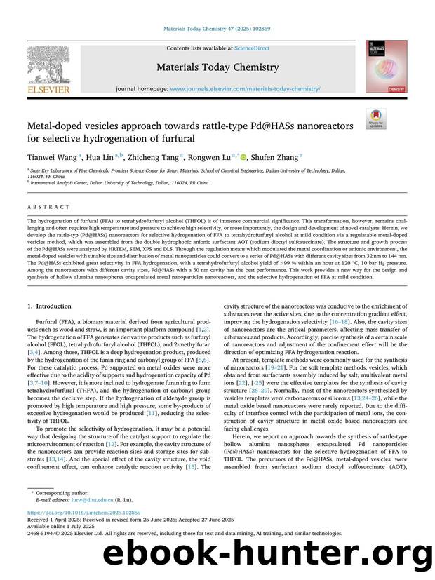 Metal-doped vesicles approach towards rattle-type Pd@HASs nanoreactors for selective hydrogenation of furfural by Tianwei Wang & Hua Lin & Zhicheng Tang & Rongwen Lu & Shufen Zhang