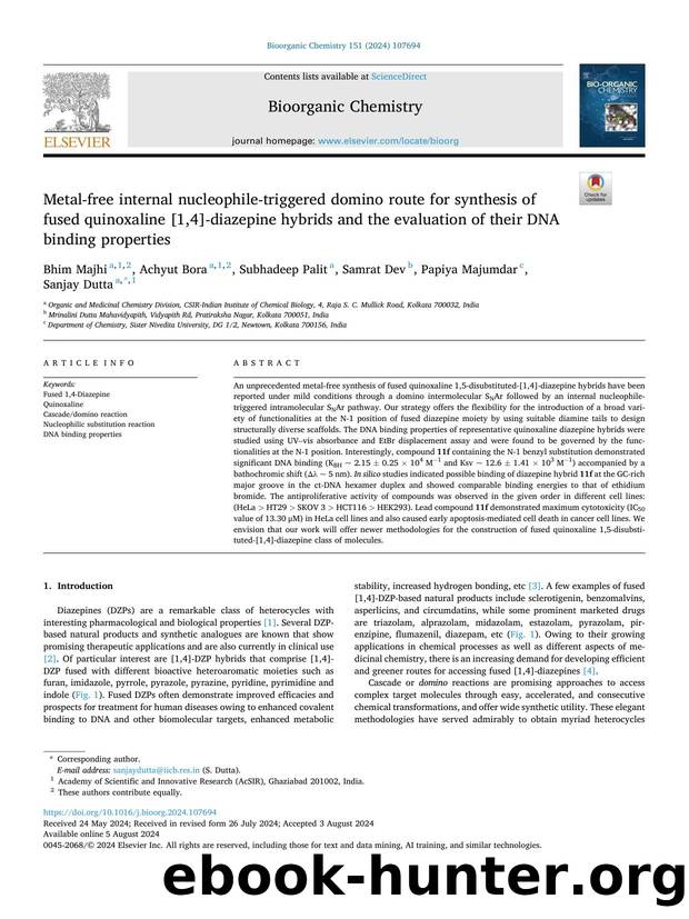 Metal-free internal nucleophile-triggered domino route for synthesis of fused quinoxaline [1,4]-diazepine hybrids and the evaluation of their DNA binding properties by Bhim Majhi & Achyut Bora & Subhadeep Palit & Samrat Dev & Papiya Majumdar & Sanjay Dutta