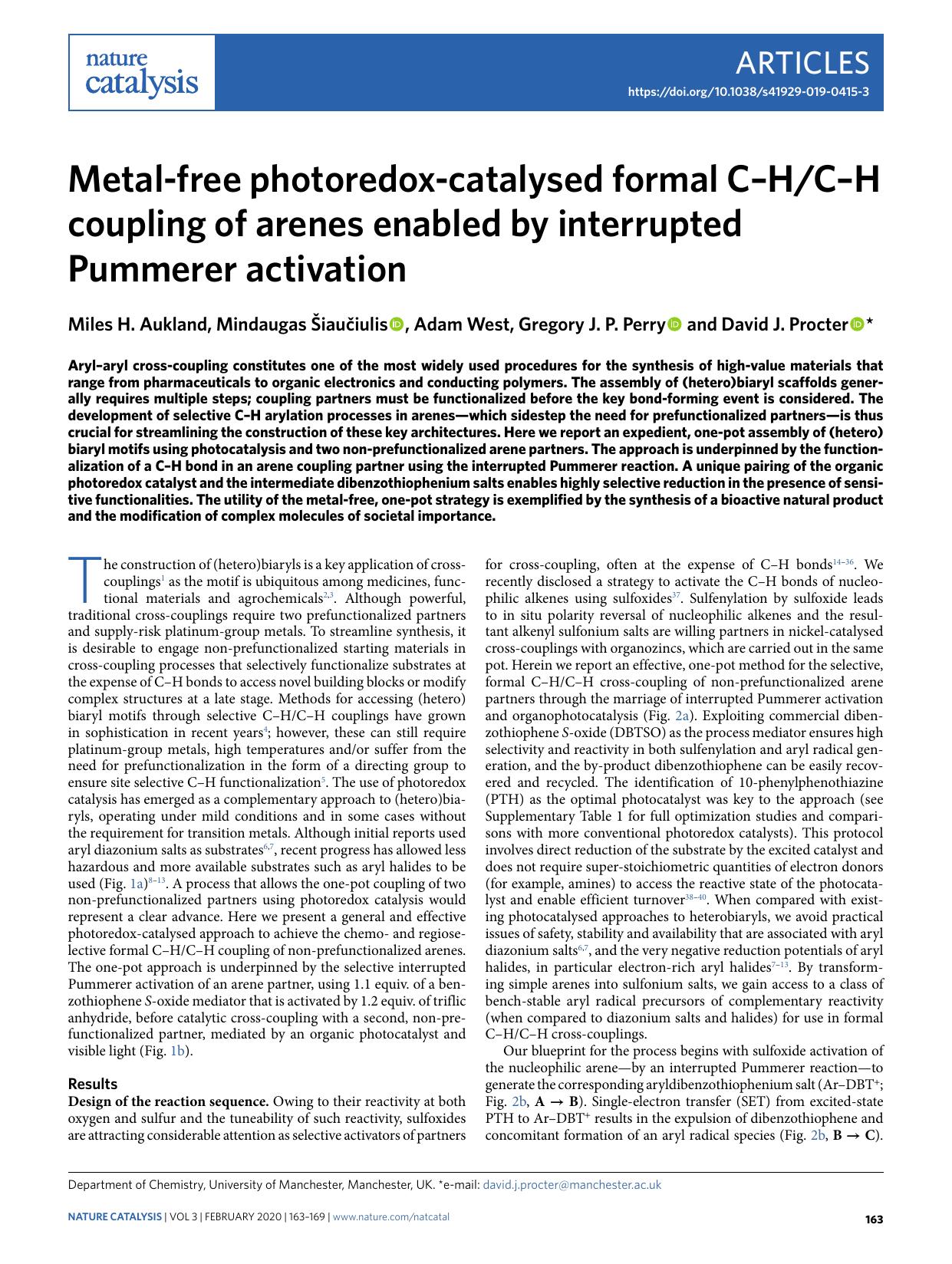 Metal-free photoredox-catalysed formal CâHCâH coupling of arenes enabled by interrupted Pummerer activation by Miles H. Aukland & Mindaugas Šiaučiulis & Adam West & Gregory J. P. Perry & David J. Procter
