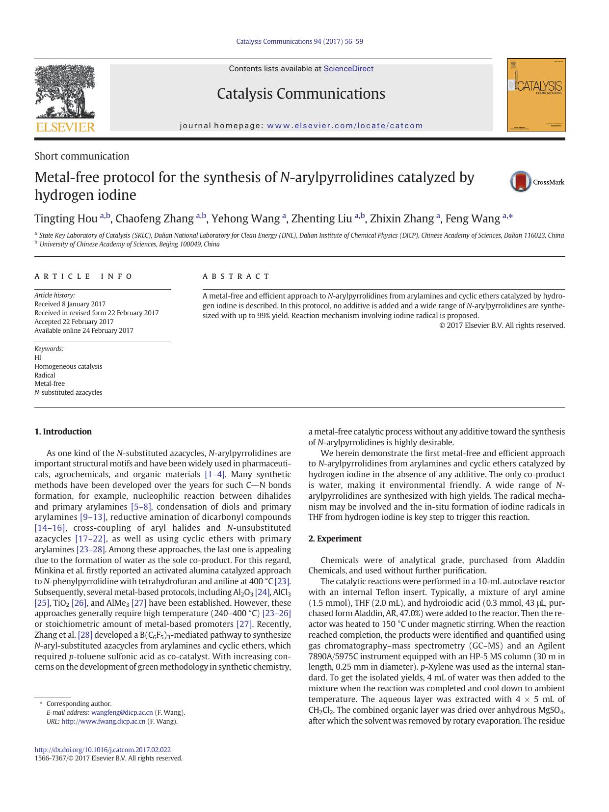 Metal-free protocol for the synthesis of N-arylpyrrolidines catalyzed by hydrogen iodine by Tingting Hou & Chaofeng Zhang & Yehong Wang & Zhenting Liu & Zhixin Zhang & Feng Wang