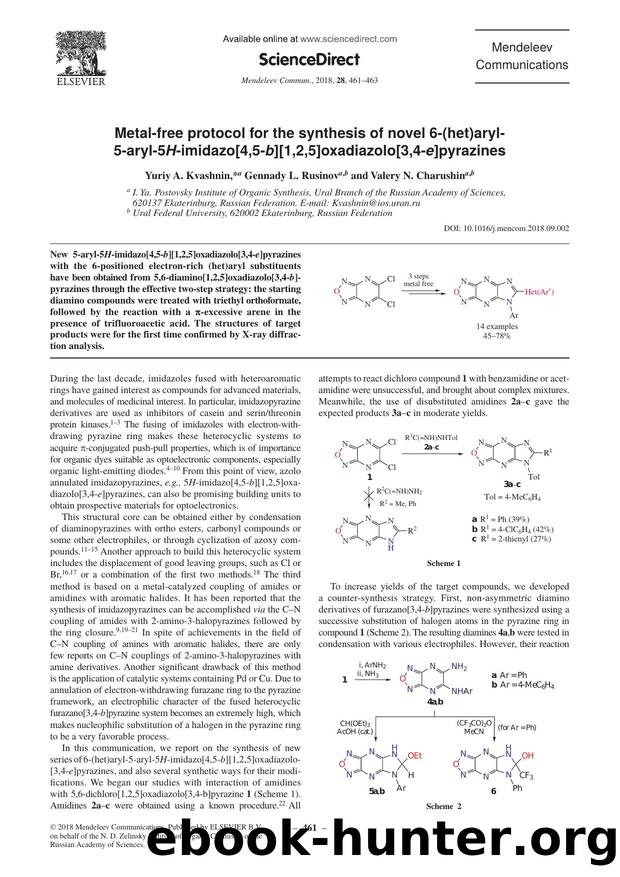 Metal-free protocol for the synthesis of novel 6-(het)aryl-5-aryl-5H-imidazo[4,5-b][1,2,5]oxadiazolo[3,4-e]pyrazines by Yuriy A. Kvashnin & Gennady L. Rusinov & Valery N. Charushin
