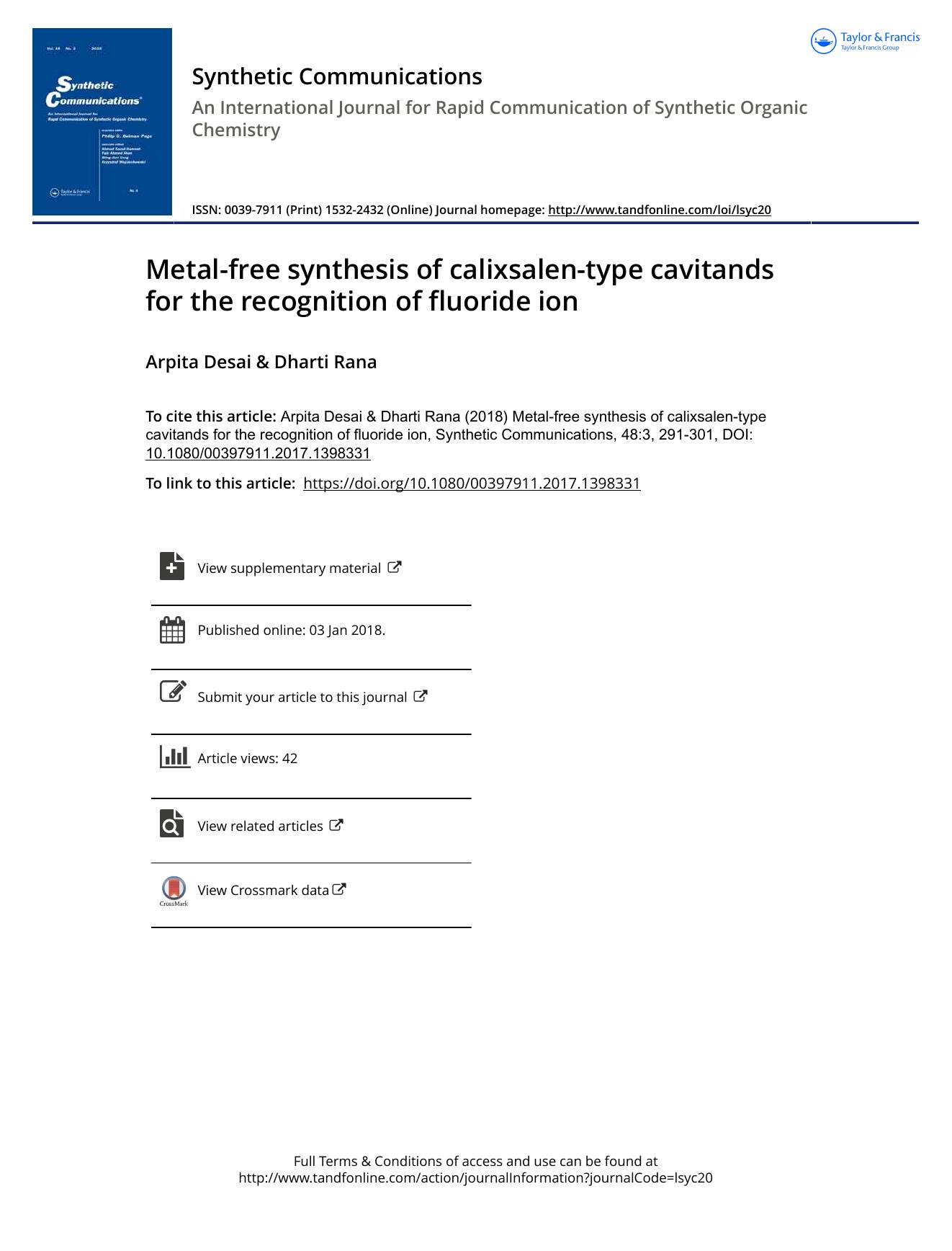 Metal-free synthesis of calixsalen-type cavitands for the recognition of fluoride ion by Arpita Desai