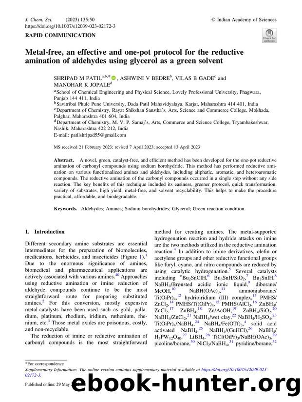 Metal-free, an effective and one-pot protocol for the reductive amination of aldehydes using glycerol as a green solvent by Shripad M Patil & Ashwini V Bedre & Vilas B Gade & Manohar K Jopale