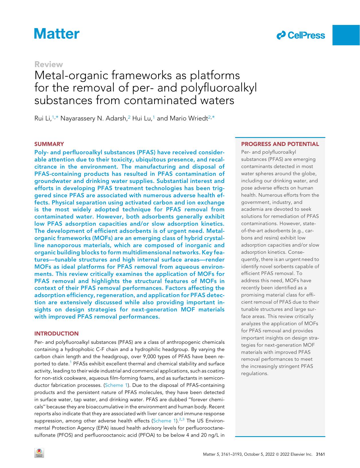 Metal-organic frameworks as platforms for the removal of per- and polyfluoroalkyl substances from contaminated waters by Rui Li & Nayarassery N. Adarsh & Hui Lu & Mario Wriedt
