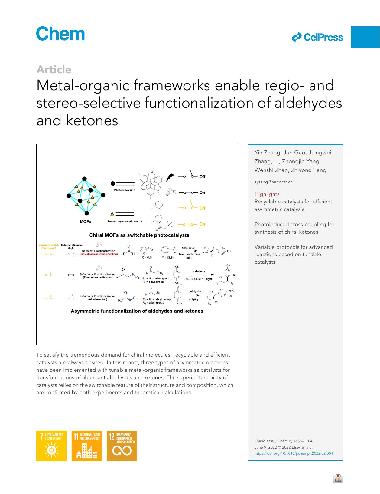 Metal-organic frameworks enable regio- and stereo-selective functionalization of aldehydes and ketones by unknow