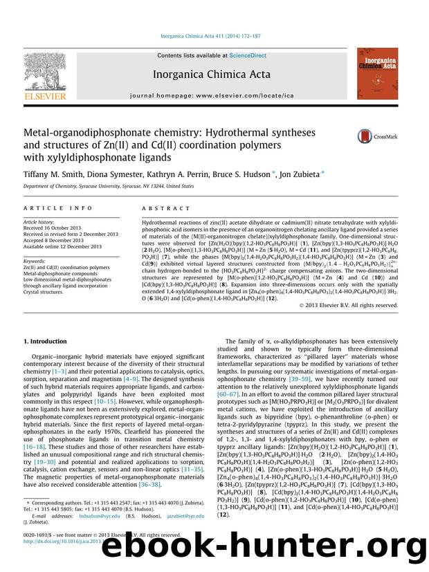 Metal-organodiphosphonate chemistry: Hydrothermal syntheses and structures of Zn(II) and Cd(II) coordination polymers with xylyldiphosphonate ligands by Tiffany M. Smith & Diona Symester & Kathryn A. Perrin & Bruce S. Hudson & Jon Zubieta