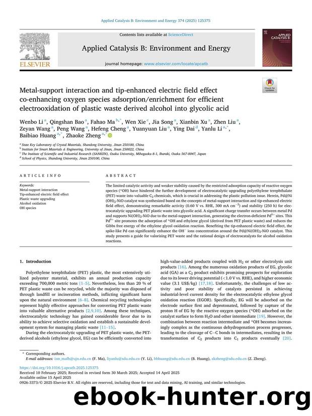 Metal-support interaction and tip-enhanced electric field effect co-enhancing oxygen species adsorptionenrichment for efficient electrooxidation of plastic waste derived alcohol into glycolic acid by unknow
