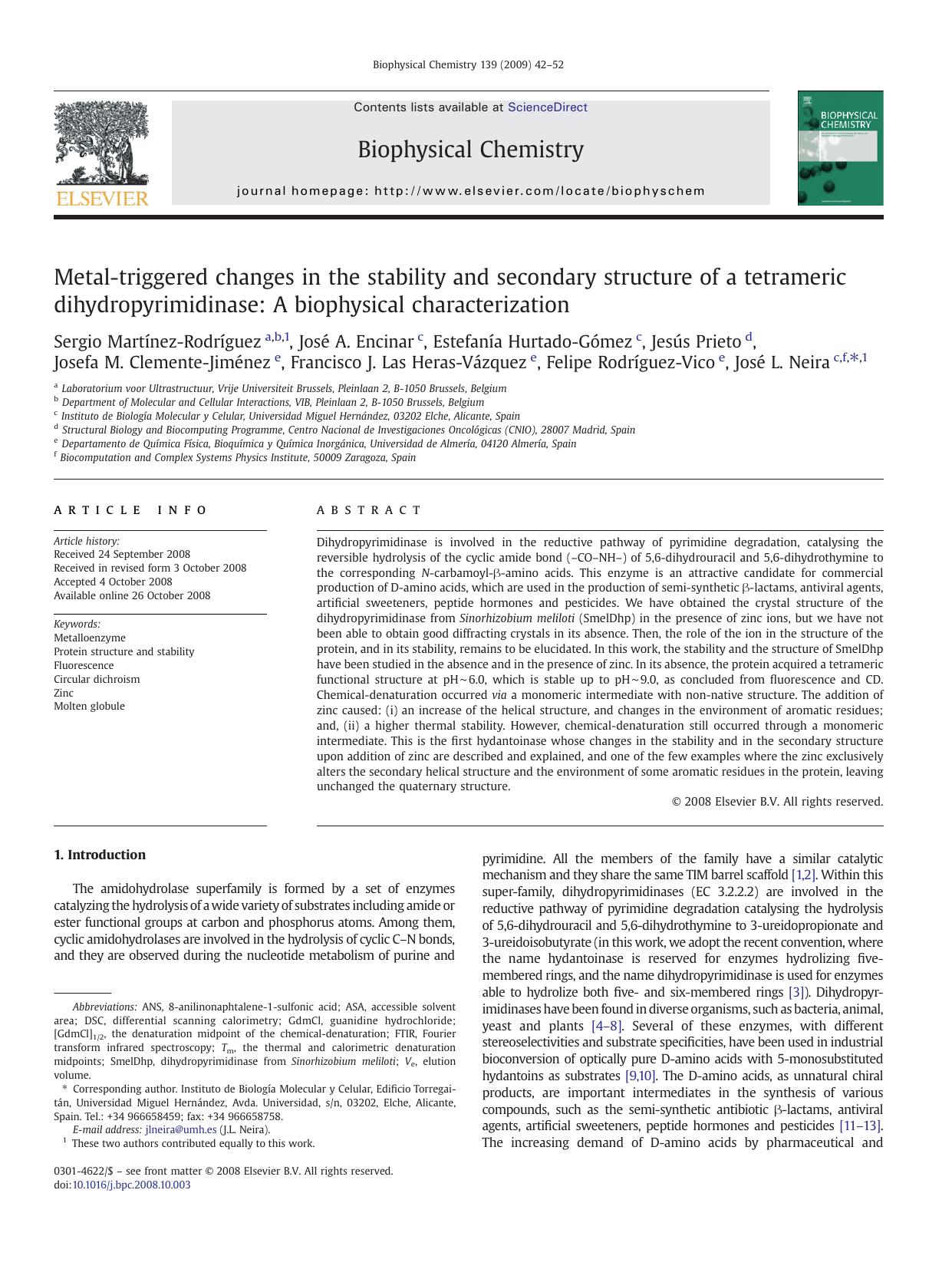 Metal-triggered changes in the stability and secondary structure of a tetrameric dihydropyrimidinase: A biophysical characterization by unknow