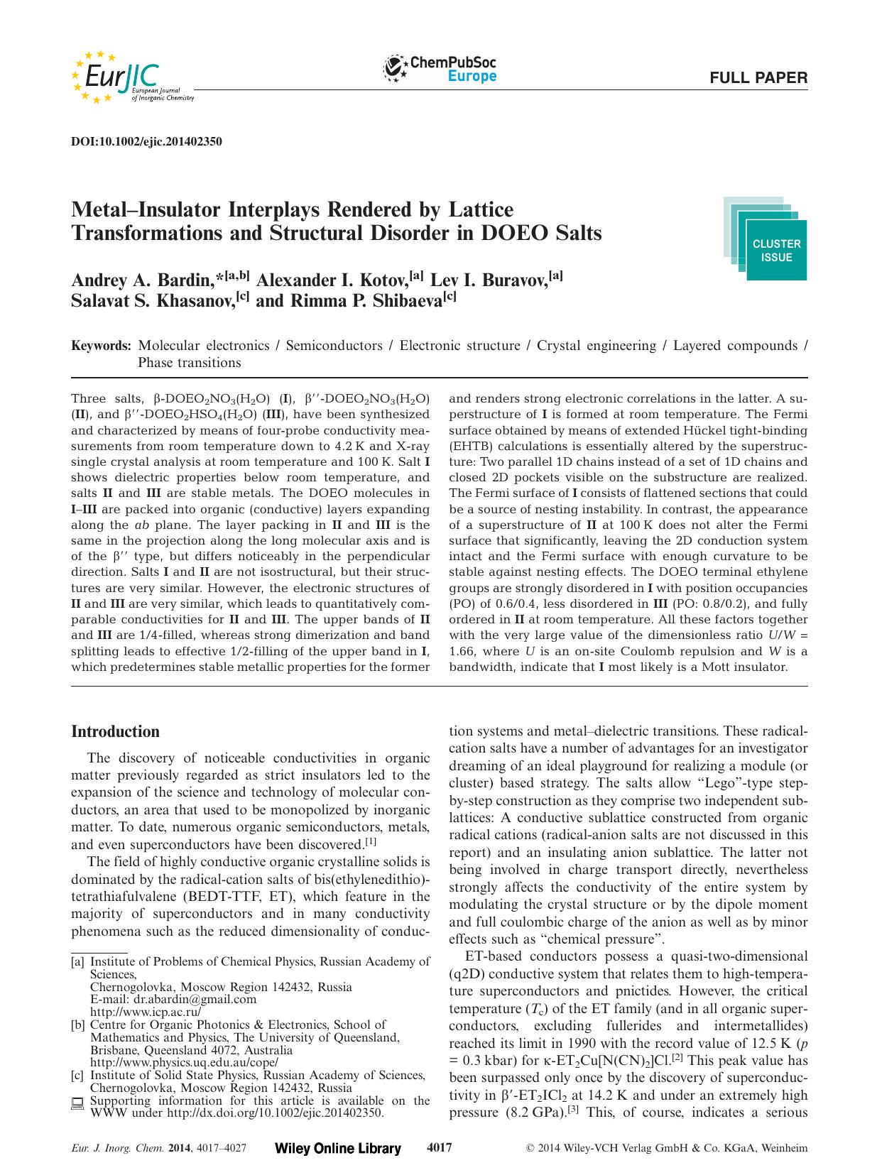 MetalInsulator Interplays Rendered by Lattice Transformations and Structural Disorder in DOEO Salts by Unknown