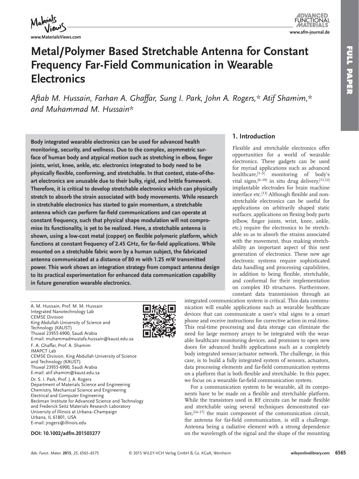 MetalPolymer Based Stretchable Antenna for Constant Frequency Far&#x02010;Field Communication in Wearable Electronics by Unknown