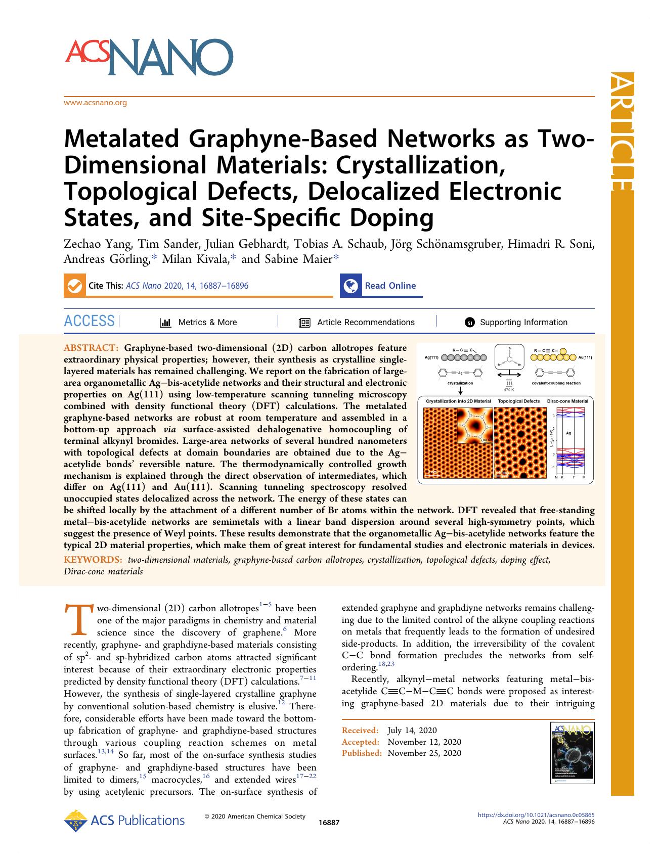 Metalated Graphyne-Based Networks as Two-Dimensional Materials: Crystallization, Topological Defects, Delocalized Electronic States, and Site-Specific Doping by unknow