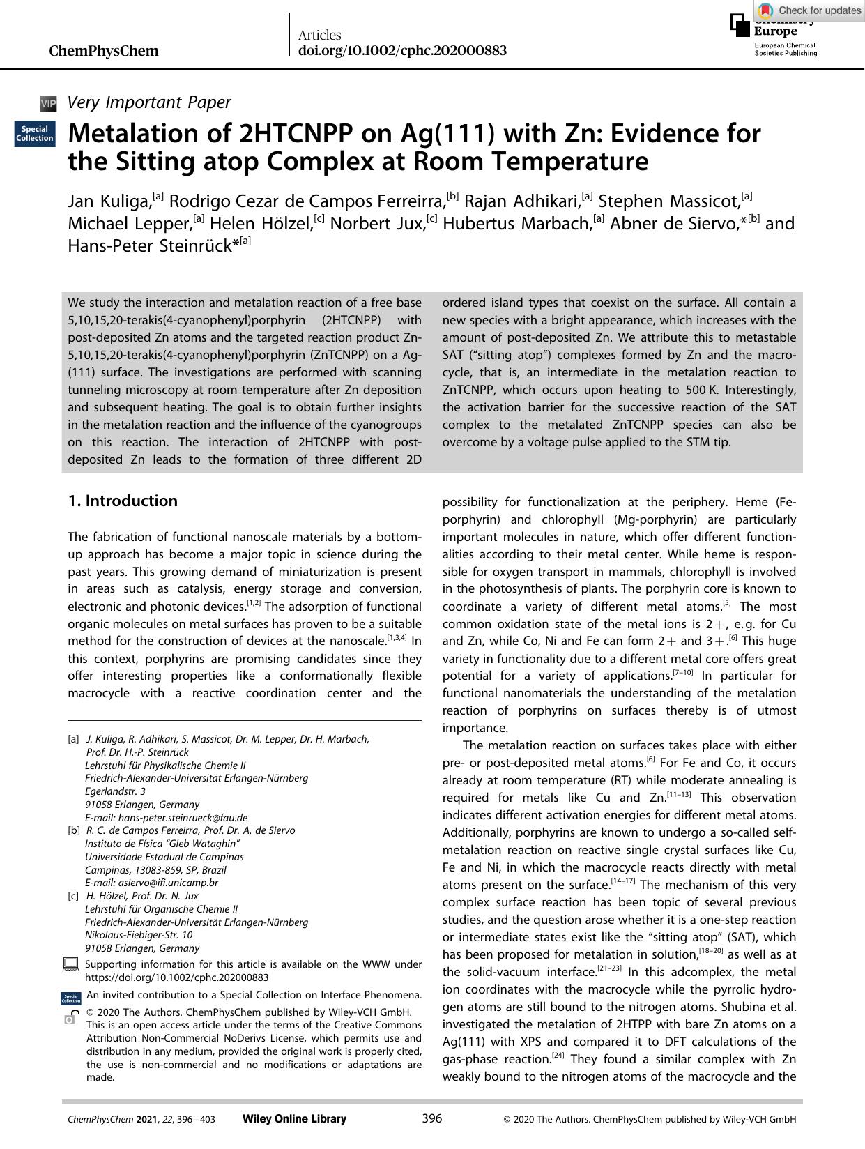 Metalation of 2HTCNPP on Ag(111) with Zn: Evidence for the Sitting atop Complex at Room Temperature by Unknown