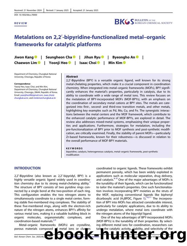 Metalations on 2,2ââBipyridineâFunctionalized MetalâOrganic Frameworks for Catalytic Platforms by Unknown