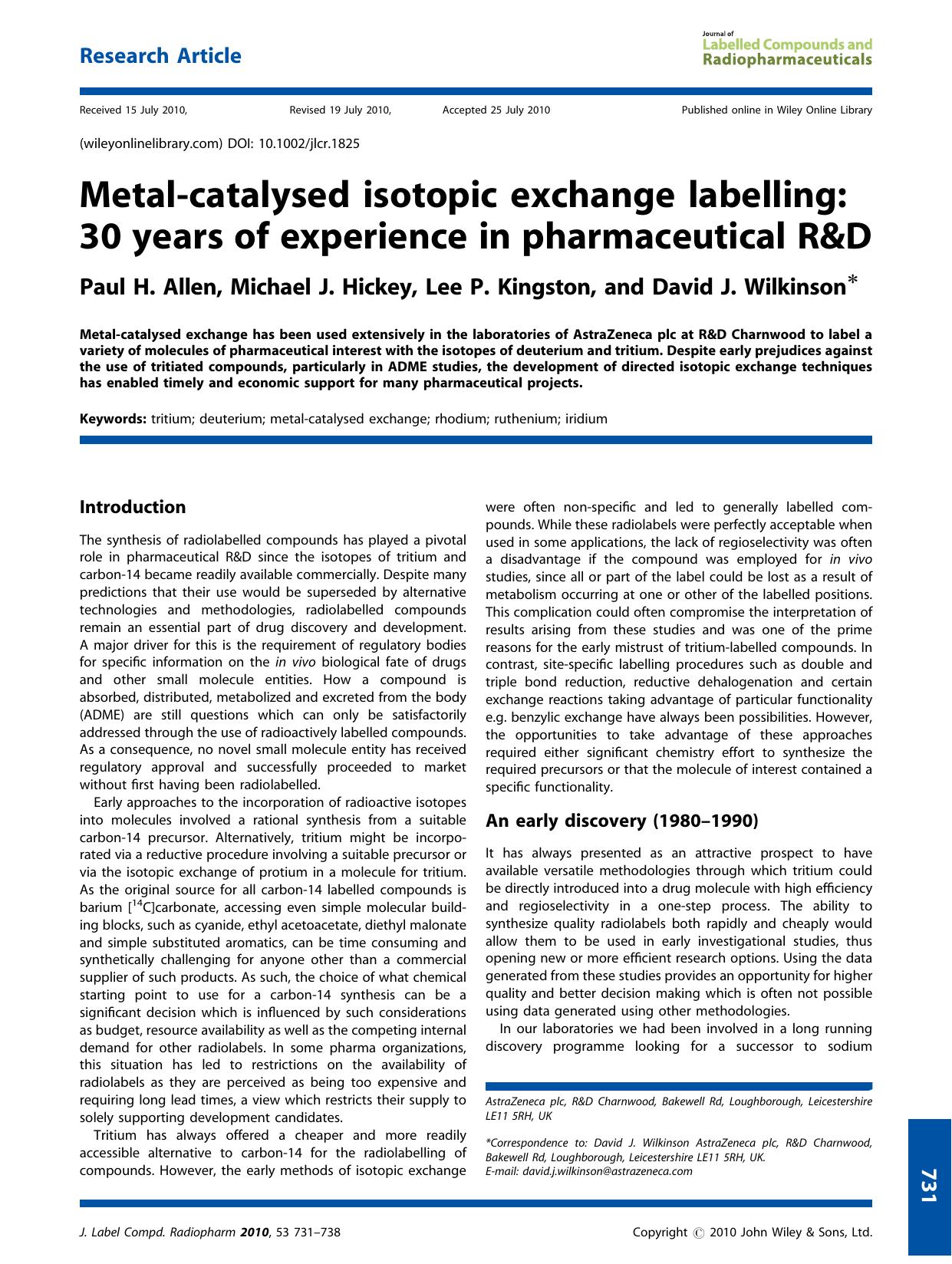 Metalcatalysed isotopic exchange labelling: 30 years of experience in pharmaceutical R&D by Unknown