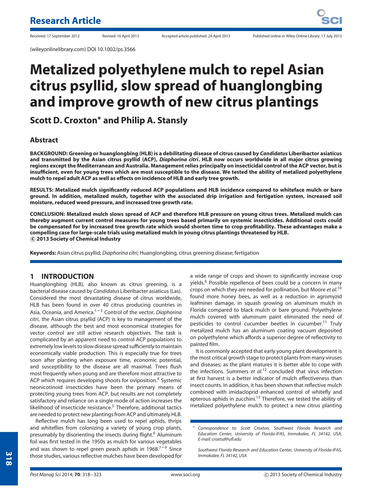 Metalized polyethylene mulch to repel Asian citrus psyllid, slow spread of huanglongbing and improve growth of new citrus plantings by Unknown