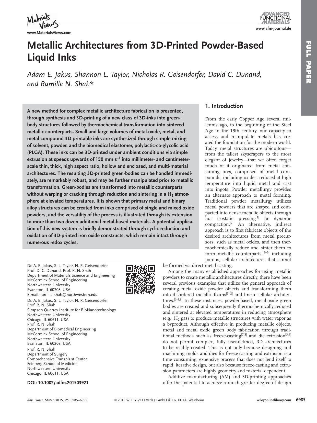 Metallic Architectures from 3D‐Printed Powder‐Based Liquid Inks by Unknown