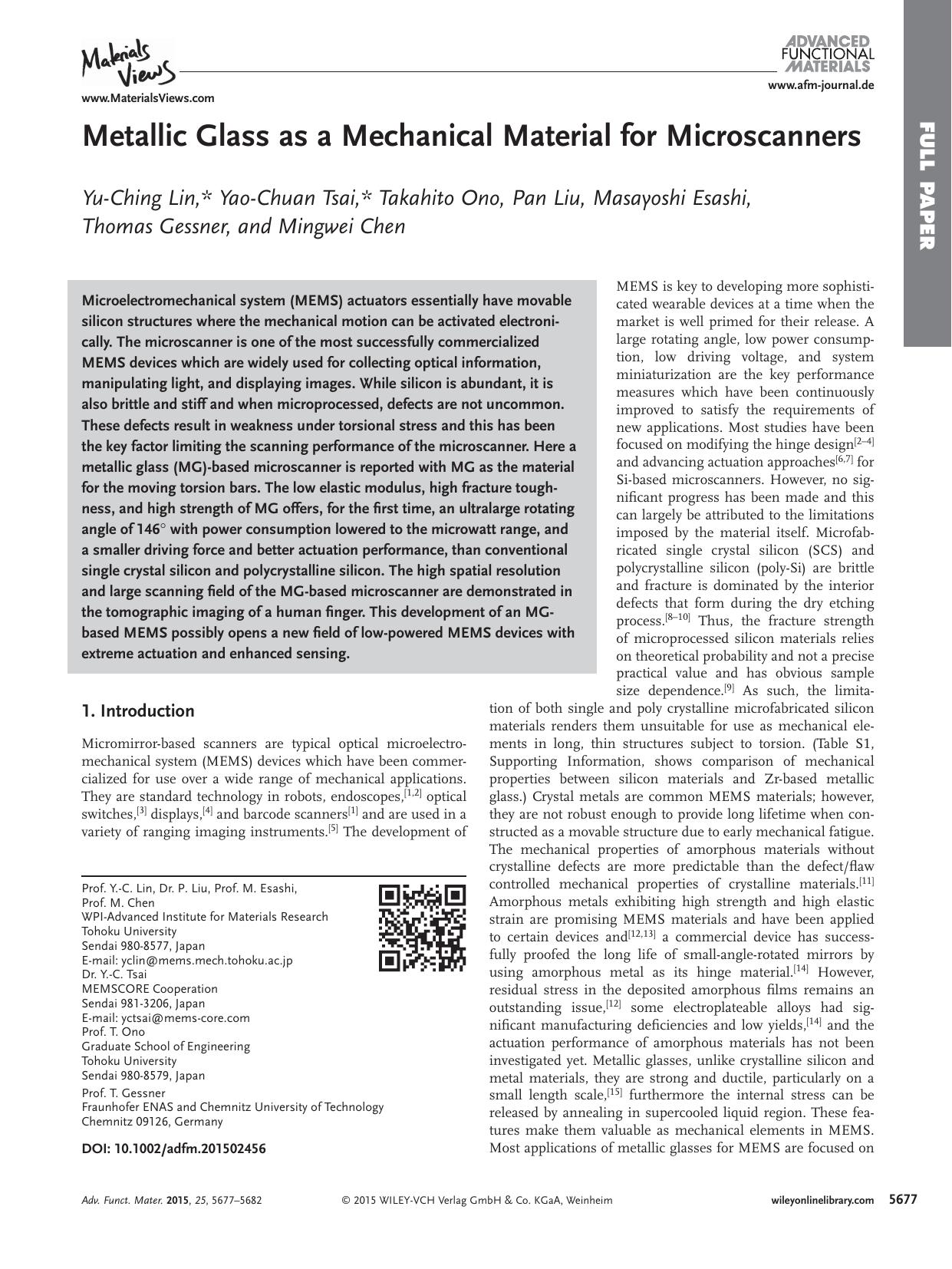 Metallic Glass as a Mechanical Material for Microscanners by Unknown