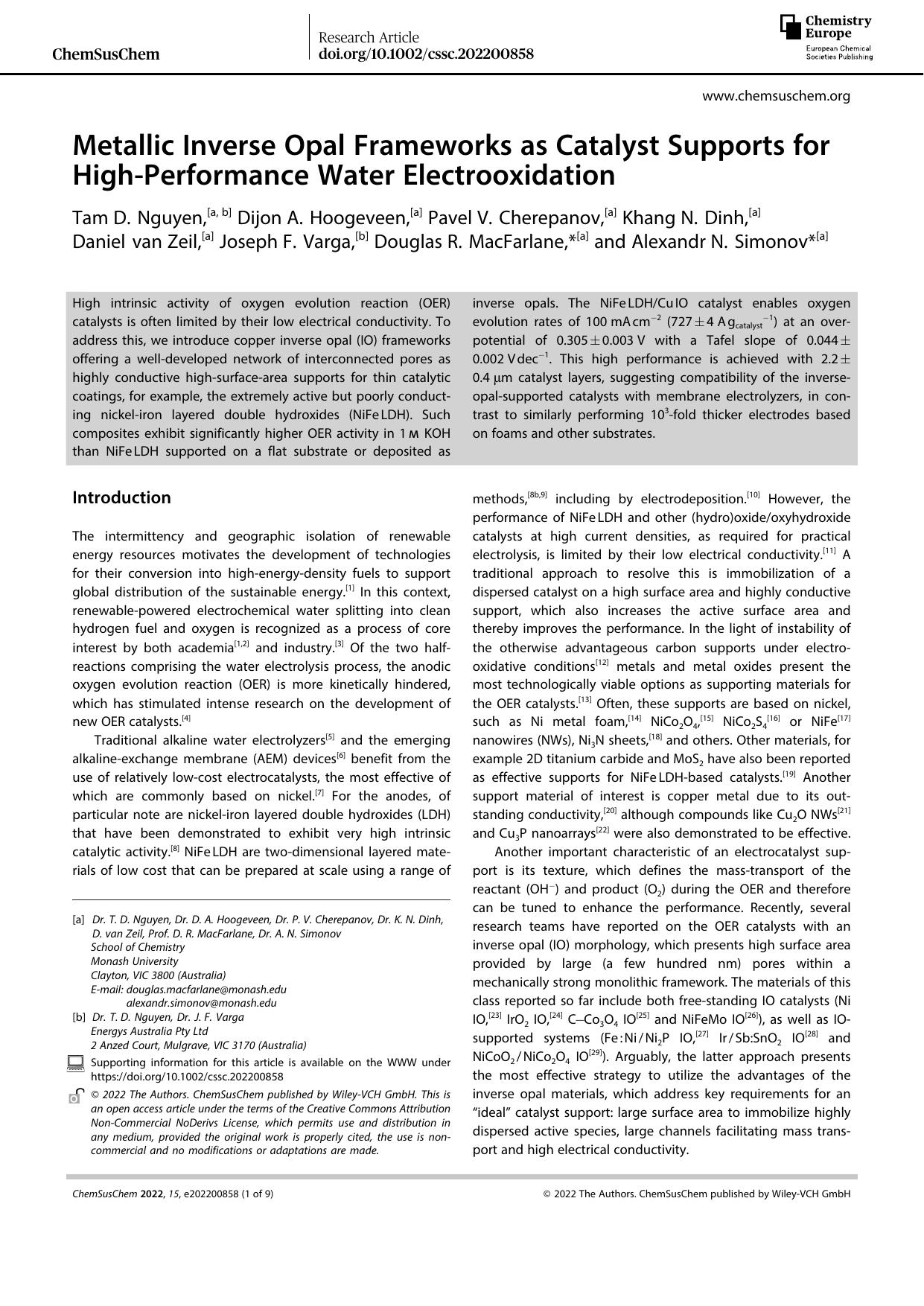 Metallic Inverse Opal Frameworks as Catalyst Supports for HighâPerformance Water Electrooxidation by Unknown