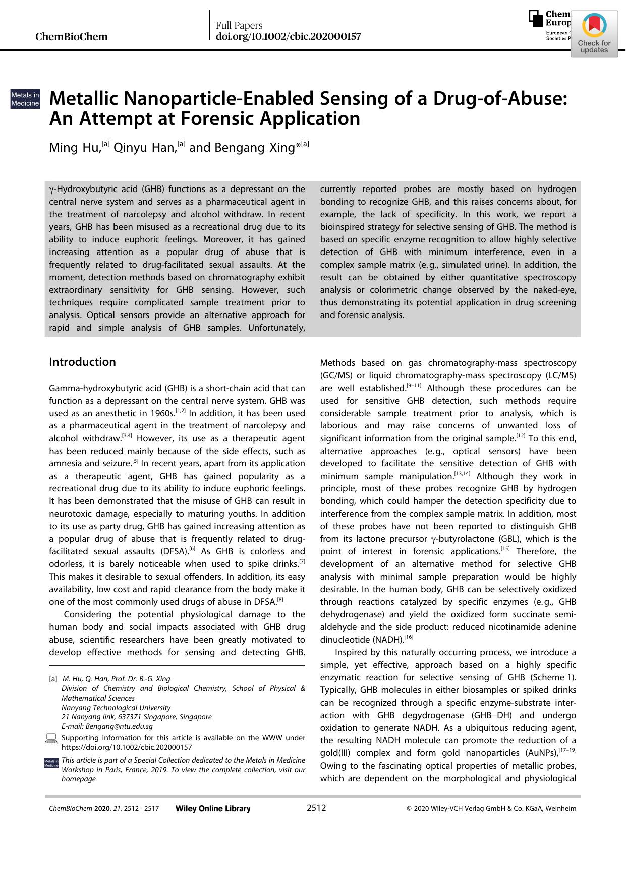 Metallic NanoparticleâEnabled Sensing of a DrugâofâAbuse: An Attempt at Forensic Application by Unknown