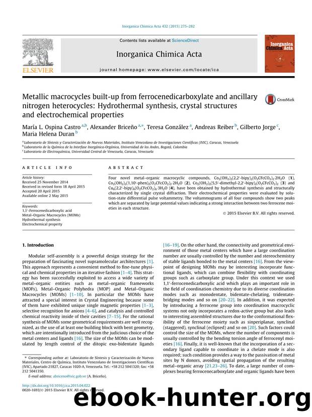Metallic macrocycles built-up from ferrocenedicarboxylate and ancillary nitrogen heterocycles: Hydrothermal synthesis, crystal structures and electrochemical properties by unknow