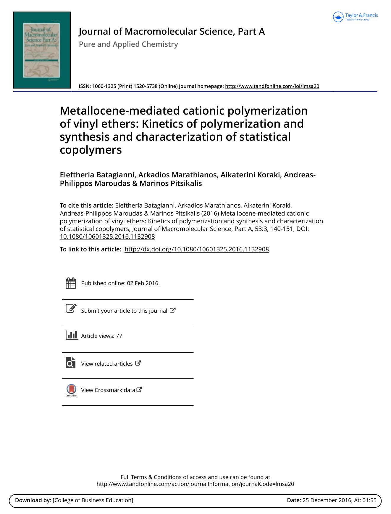Metallocene-mediated cationic polymerization of vinyl ethers: Kinetics of polymerization and synthesis and characterization of statistical copolymers by unknow