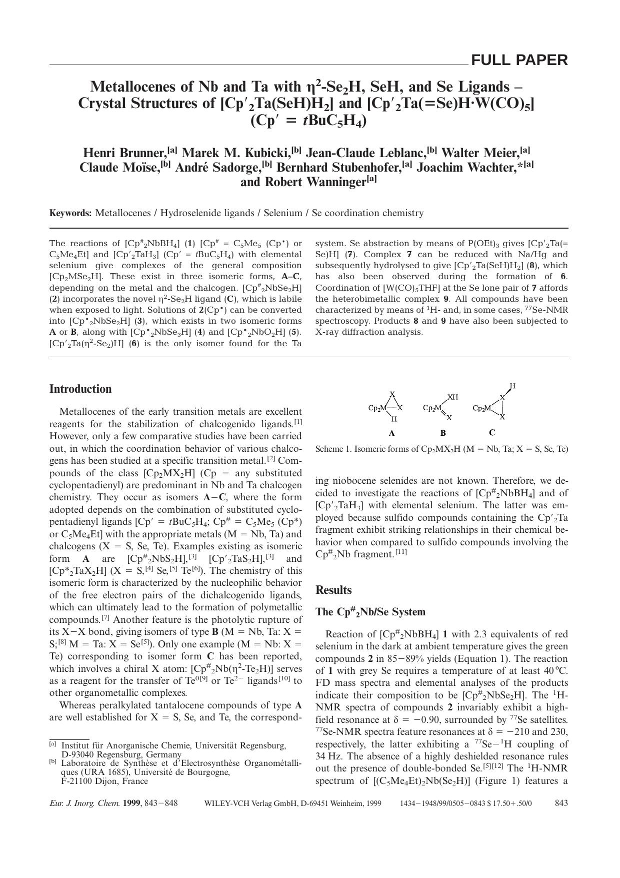Metallocenes of Nb and Ta with [eegr]2-Se2H, SeH, and Se Ligands - Crystal Structures of [Cp[prime]2Ta(SeH)H2] and [Cp[prime]2Ta([equals]Se)HÂ·W(CO)5] (Cp[prime] [equals] tBuC5H4) by Unknown