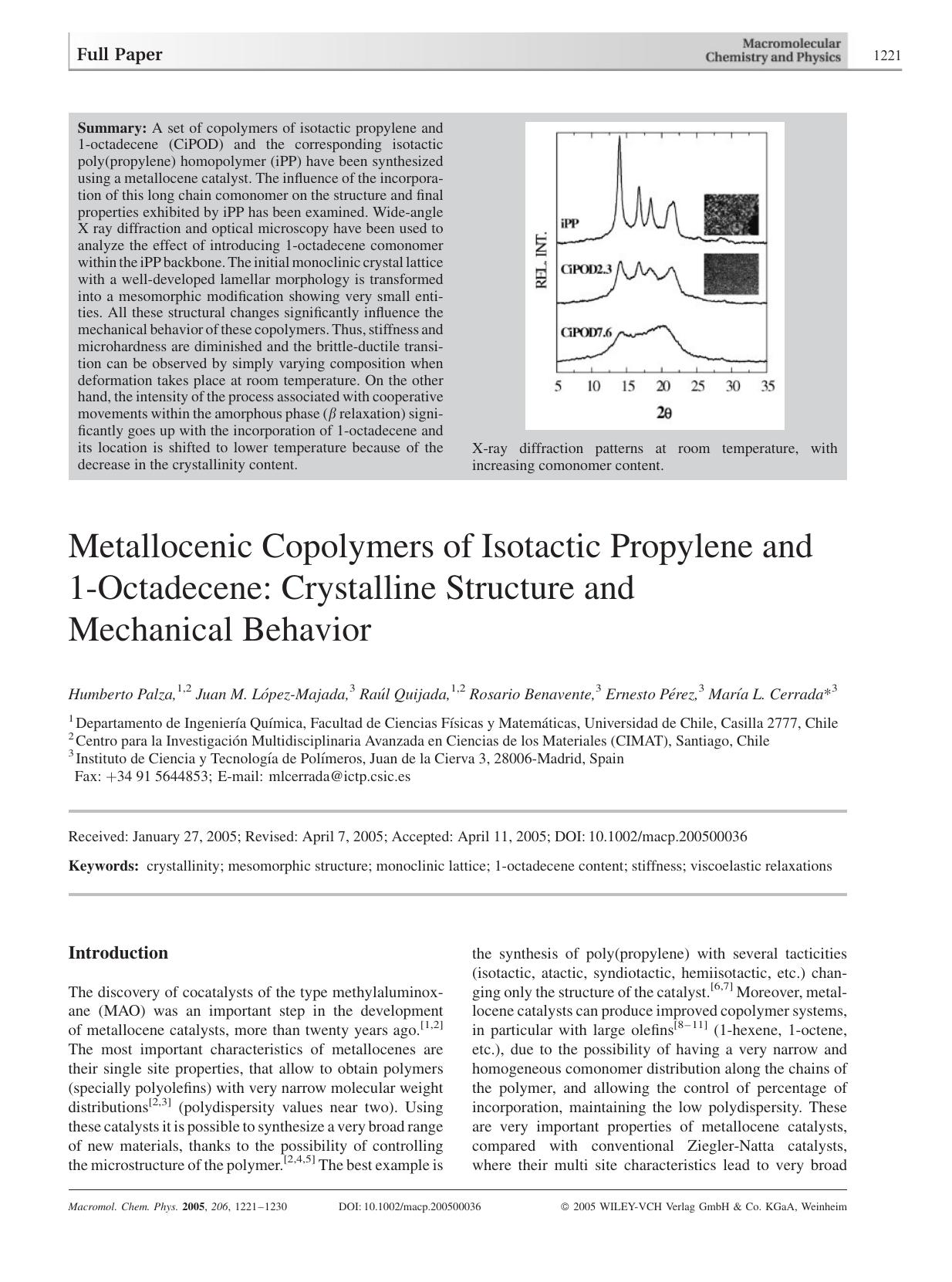 Metallocenic Copolymers of Isotactic Propylene and 1-Octadecene: Crystalline Structure and Mechanical Behavior by Unknown