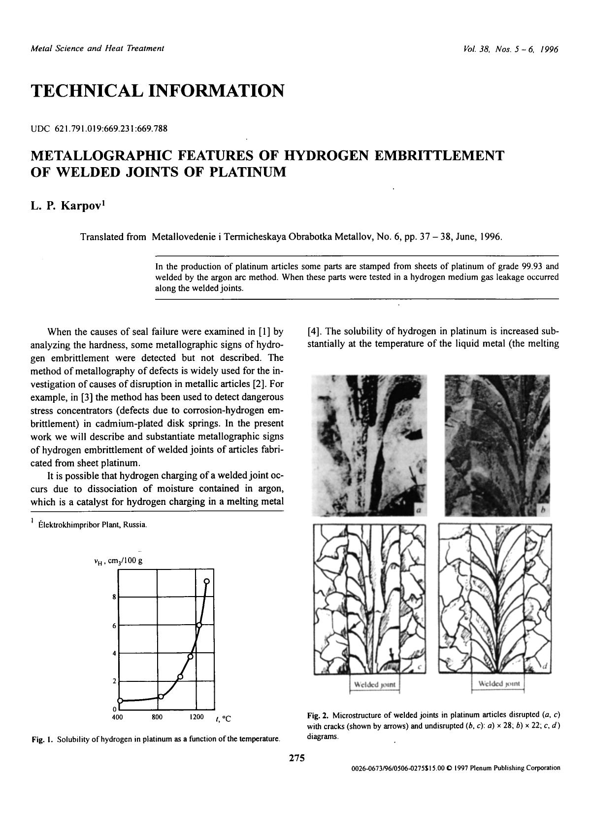 Metallographic features of hydrogen embrittlement of welded joints of platinum by Unknown