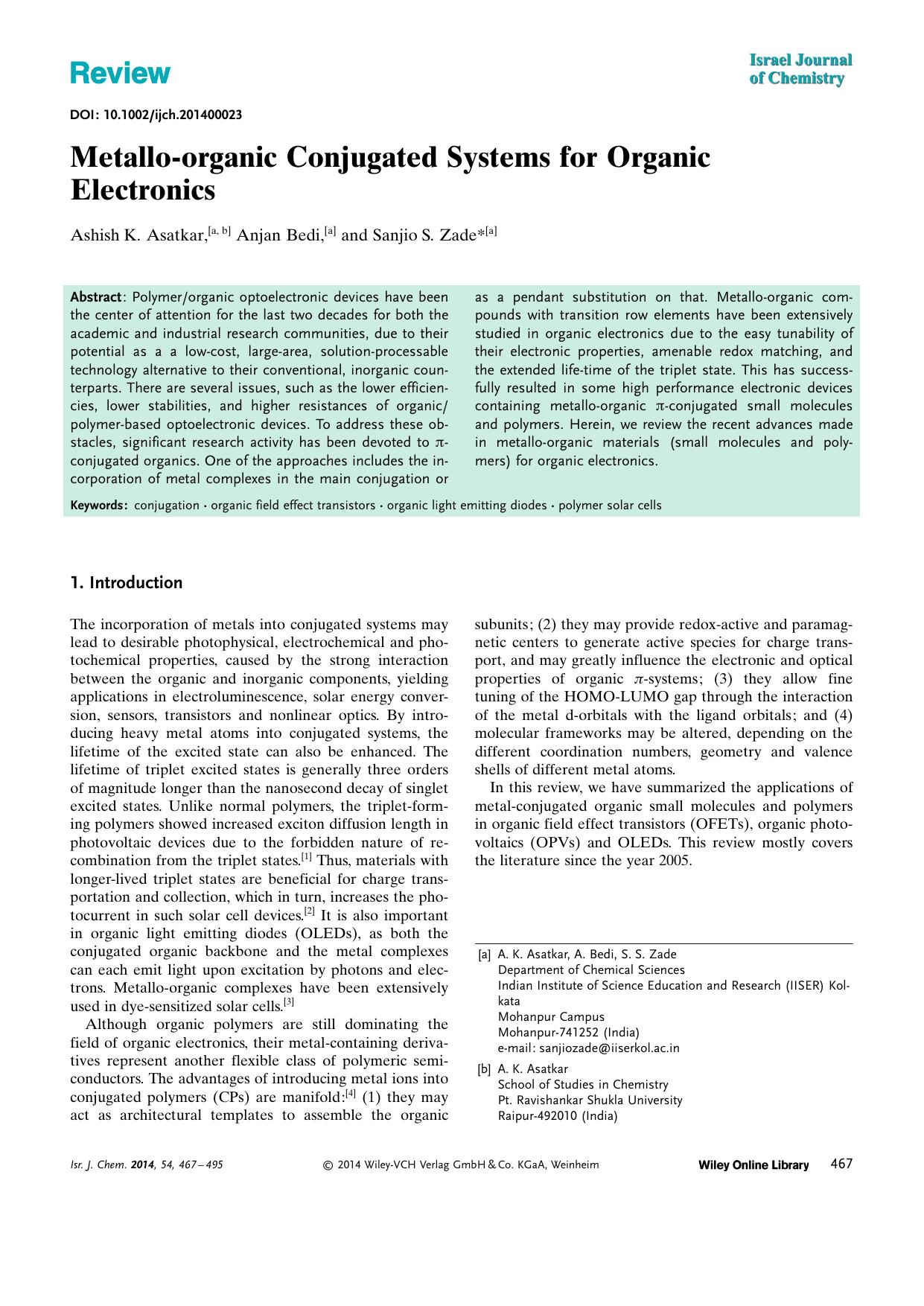 Metalloorganic Conjugated Systems for Organic Electronics by Unknown