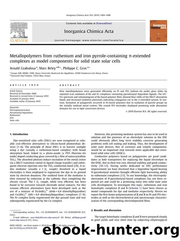 Metallopolymers from ruthenium and iron pyrrole-containing Ï-extended complexes as model components for solid state solar cells by Arnald Grabulosa; Marc Beley; Philippe C. Gros