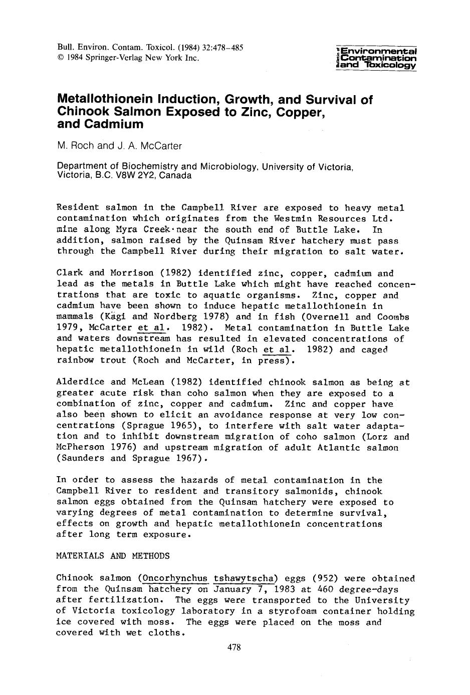 Metallothionein Induction, growth, and survival of chinook salmon exposed to zinc, copper, and cadmium by Unknown