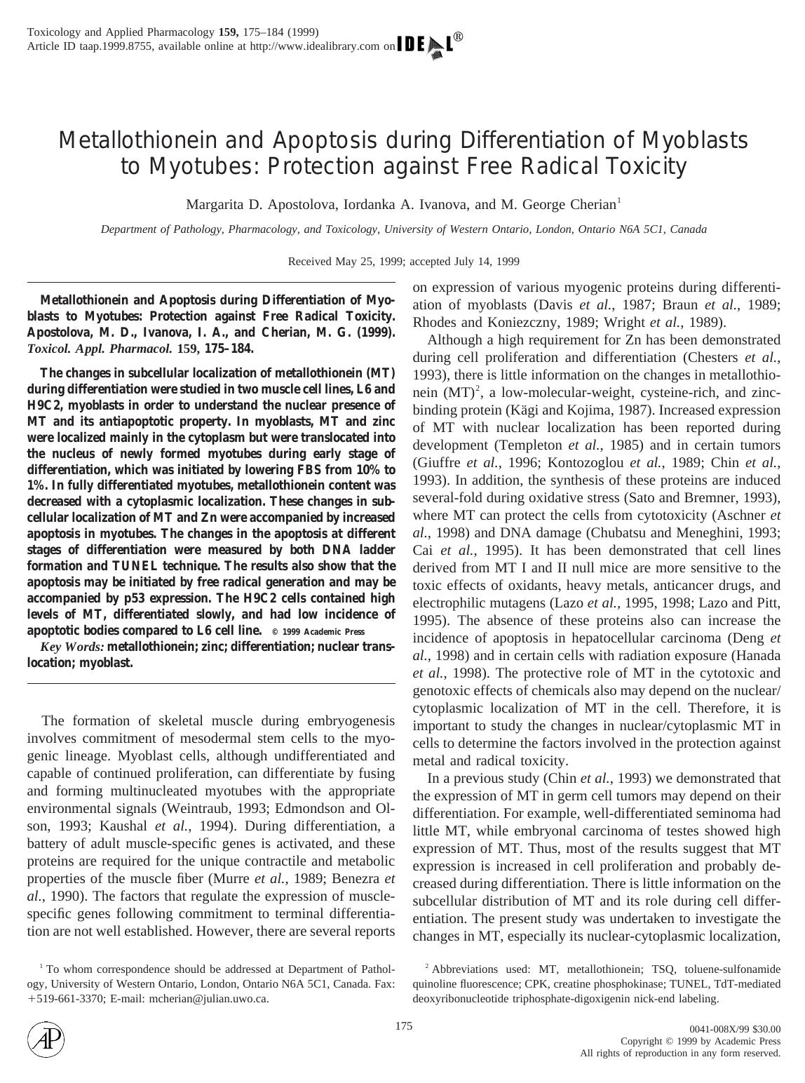 Metallothionein and Apoptosis during Differentiation of Myoblasts to Myotubes: Protection against Free Radical Toxicity by Apostolova M. D. et al