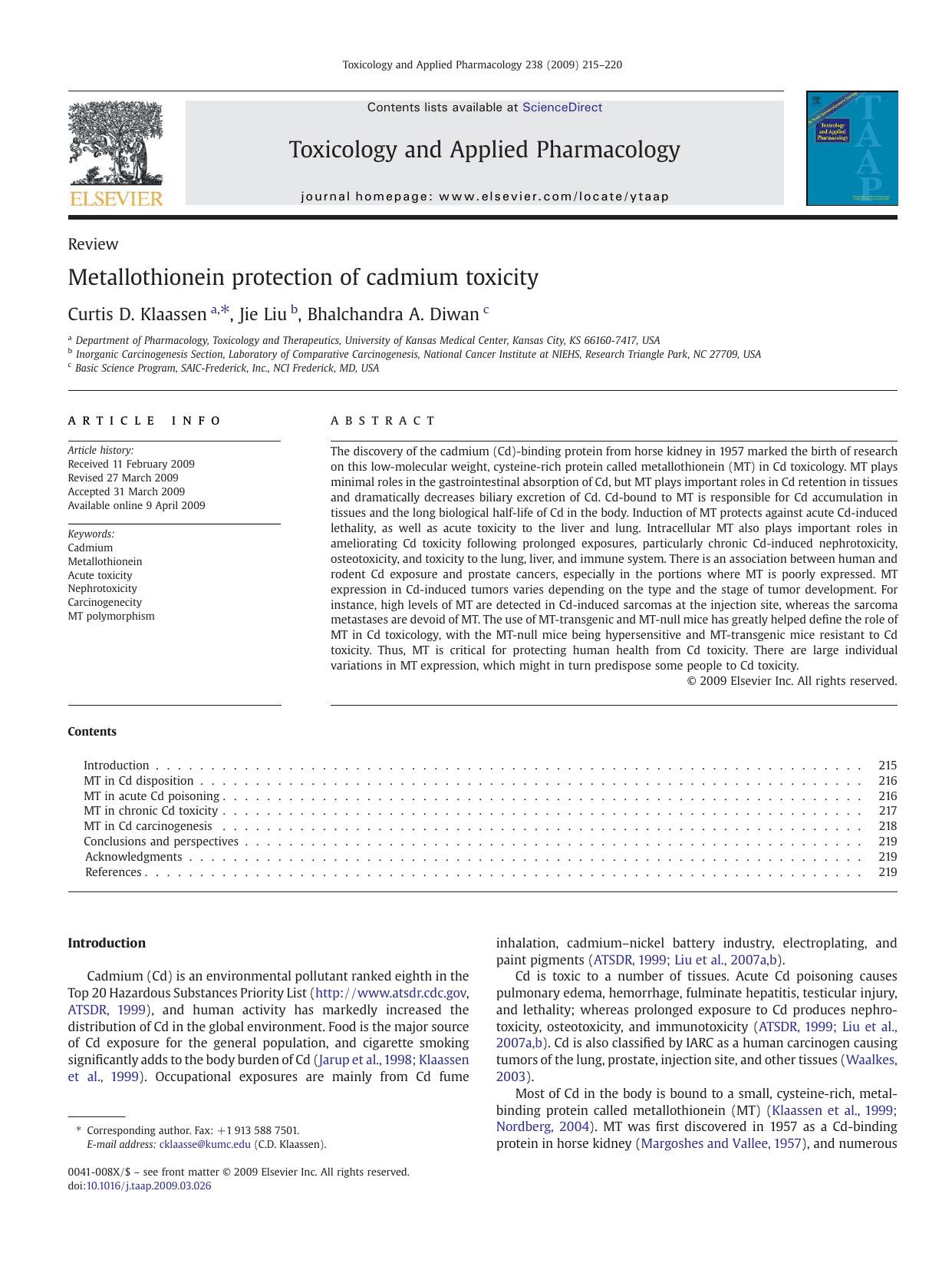 Metallothionein protection of cadmium toxicity by Curtis D. Klaassen; Jie Liu; Bhalchandra A. Diwan