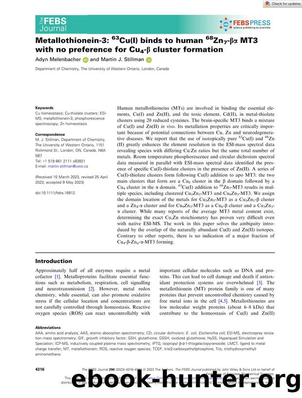 Metallothioneinâ3: 63Cu(I) binds to human 68Zn7âÎ²Î± MT3 with no preference for Cu4âÎ² cluster formation by Unknown