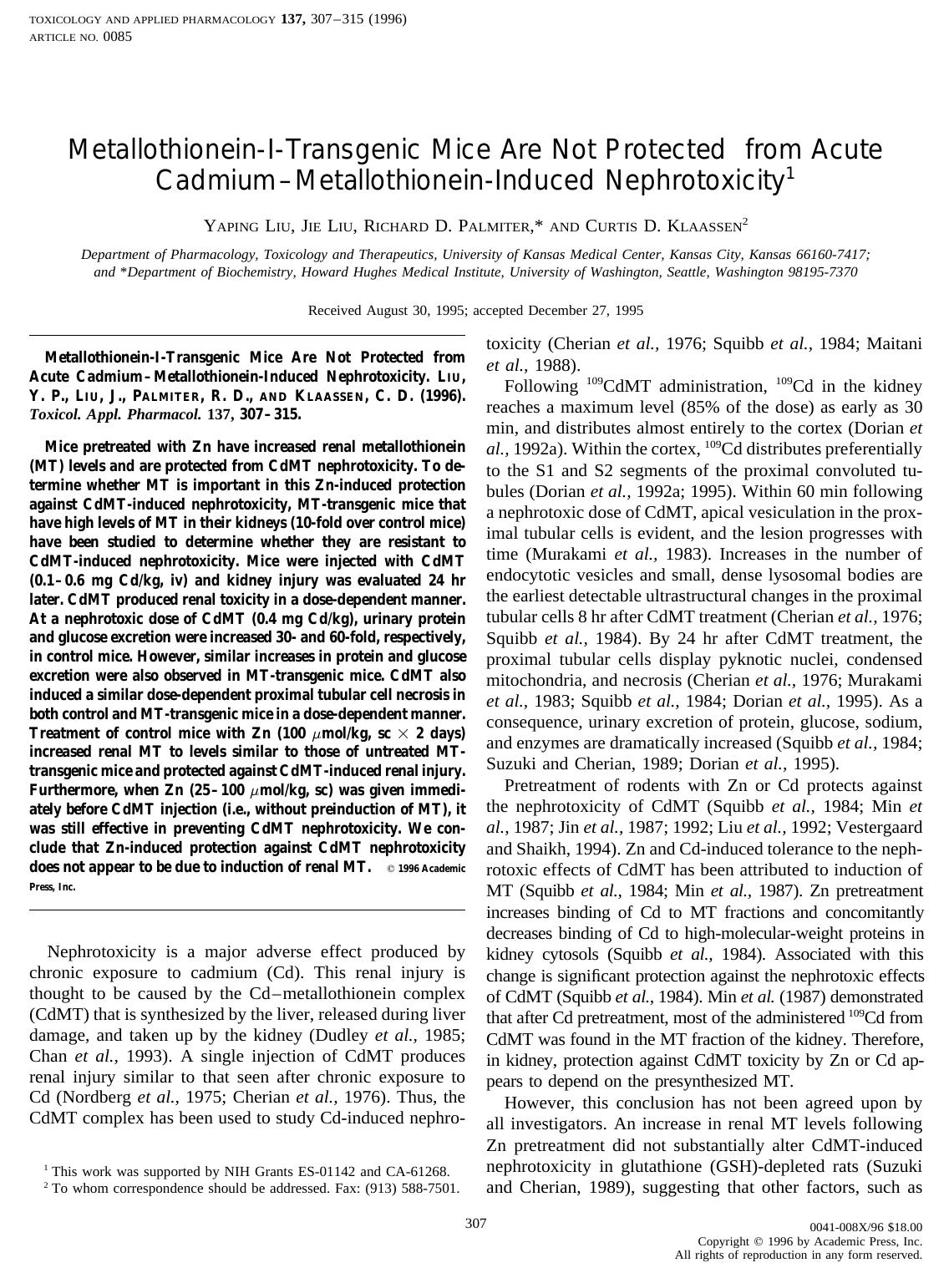 Metallothionein-I-Transgenic Mice Are Not Protected from Acute Cadmium-Metallothionein-Induced Nephrotoxicity by Liu Y. et al