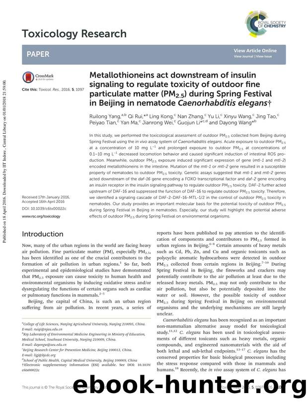 Metallothioneins act downstream of insulin signaling to regulate toxicity of outdoor fine particulate matter (PM2.5) during Spring Festival in Beijing in nematode Caenorhabditis elegans by unknow