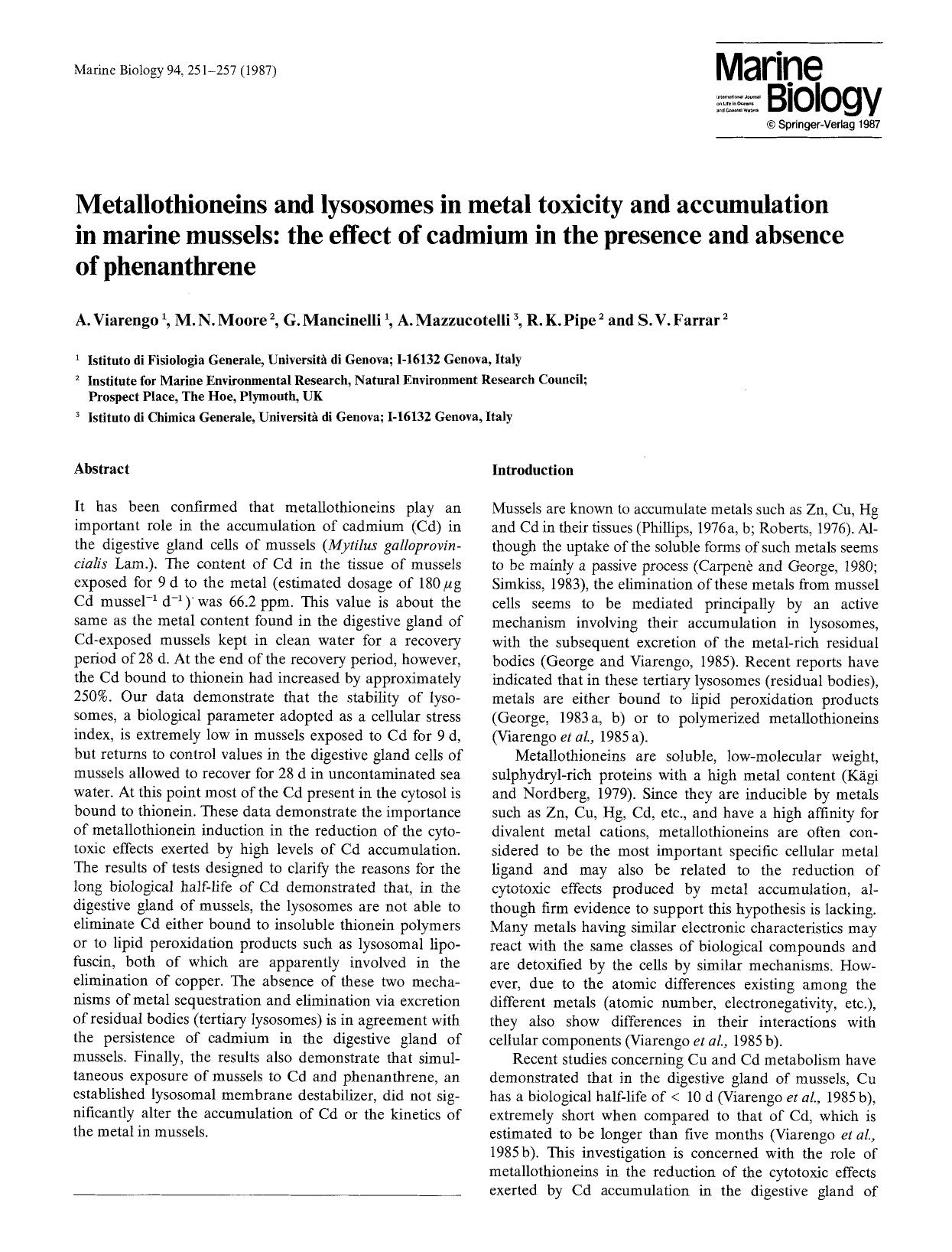 Metallothioneins and lysosomes in metal toxicity and accumulation in marine mussels: the effect of cadmium in the presence and absence of phenanthrene by Unknown
