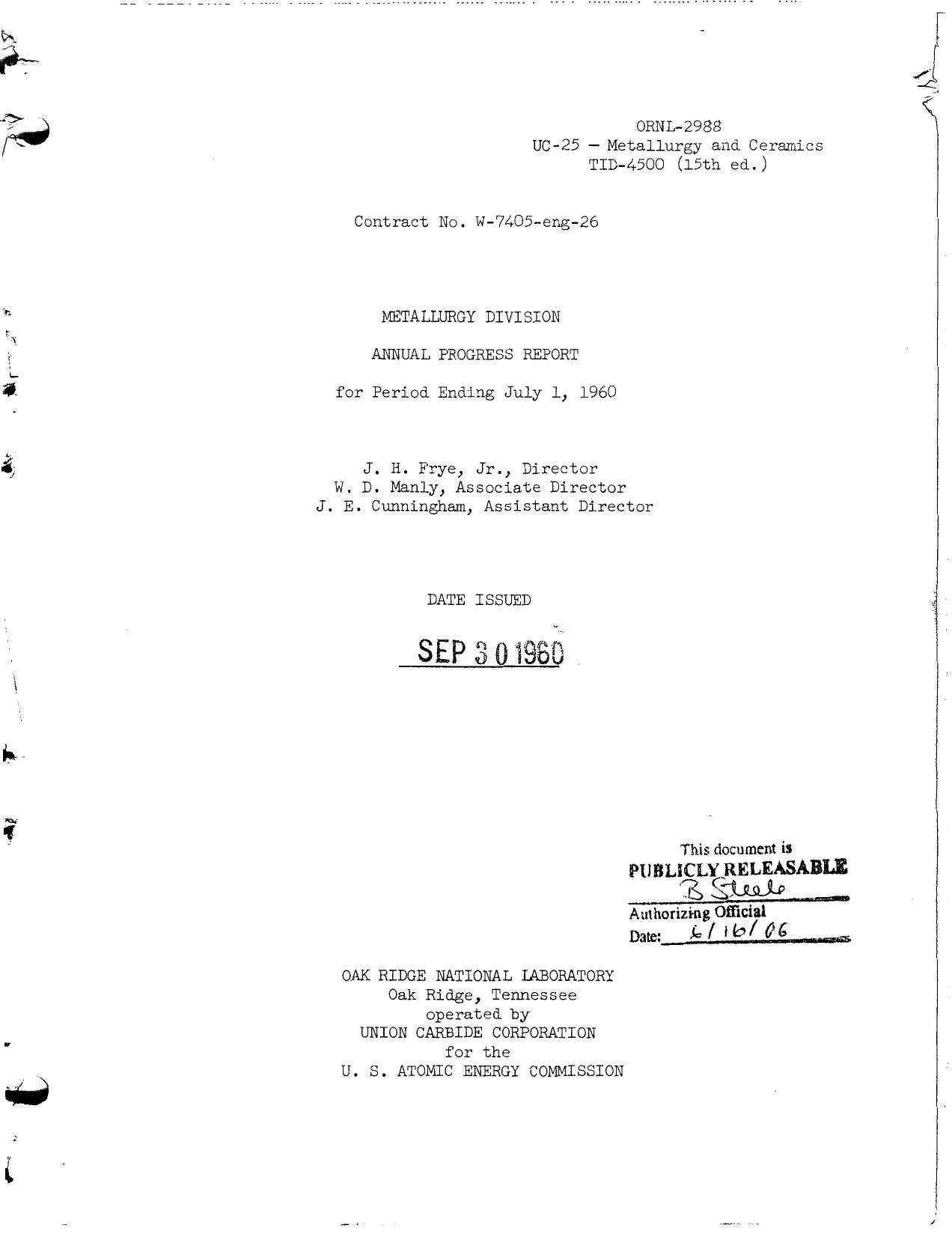 Metallurgy Division annual progress report for period ending by Oak Ridge National Laboratory. Metallurgy Division.; Union Carbide Corporation